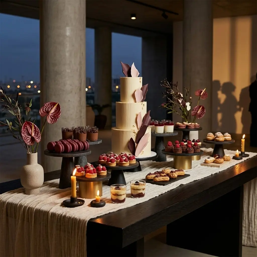 Mesa de doces e bolo de casamento em celebração